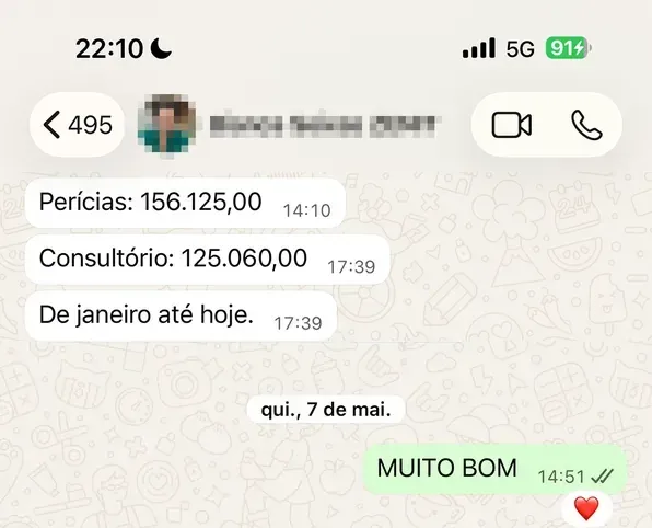 Print de WhatsApp: aluna relata mais de R$ 280 mil faturados com perícias e consultório