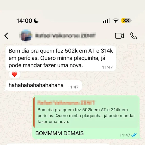 Print de WhatsApp: aluno relata R$ 502 mil em assistência técnica e R$ 314 mil em perícias