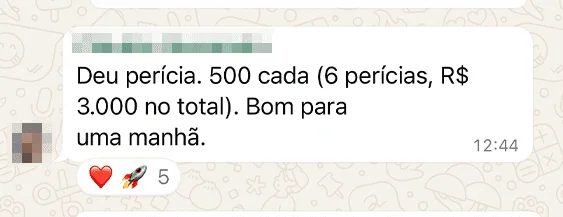 Print de WhatsApp: aluno faz seis perícias em uma única manhã, a R$ 500 cada, somando R$ 3.000