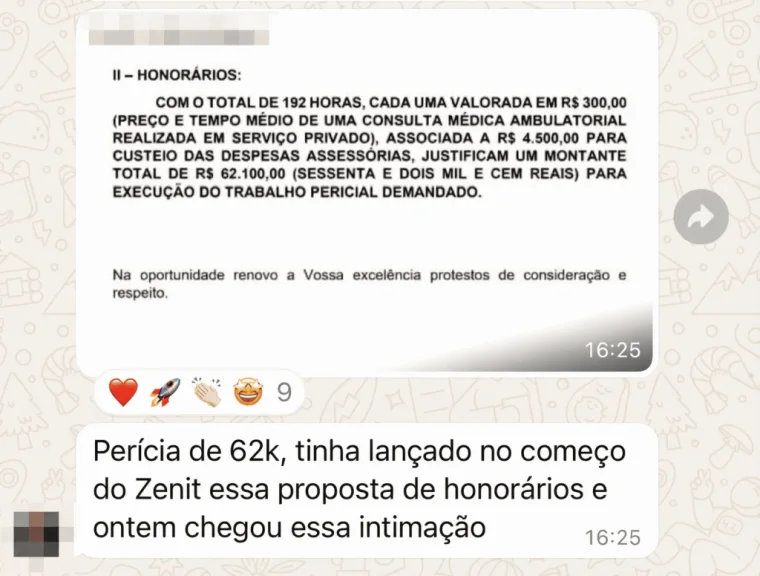 Print de WhatsApp: intimação judicial fixando R$ 62.100 de honorários em uma única perícia, com o aluno contando que apresentou a proposta ainda no começo do Zenit