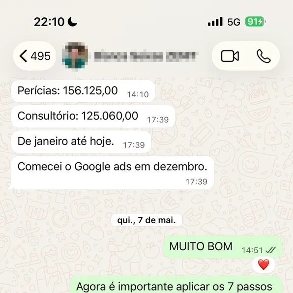 Print de WhatsApp: aluna relata mais de R$ 280 mil faturados com perícias e consultório
