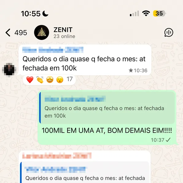 Print de WhatsApp: aluno comemora mês fechado em R$ 100 mil com uma única assistência técnica