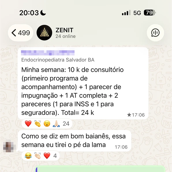 Print de WhatsApp: médica fecha a semana em R$ 24 mil somando consultório, pareceres e perícias