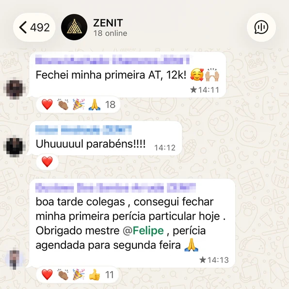 Print de WhatsApp: aluno fecha a primeira assistência técnica em R$ 12 mil e outro agenda a primeira perícia particular